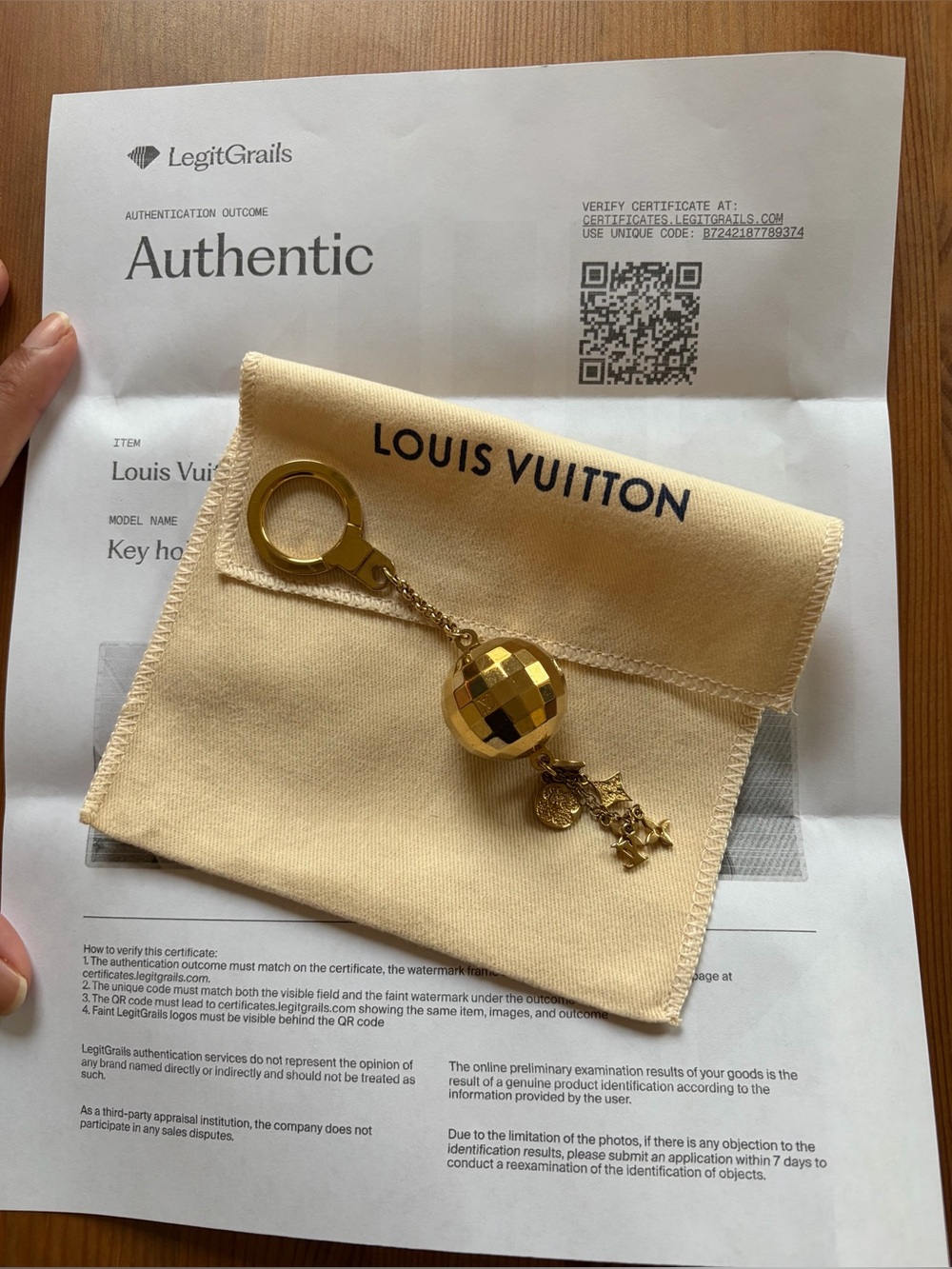 Louis Vuitton Gold Disco Ball Keychain Charm with COA